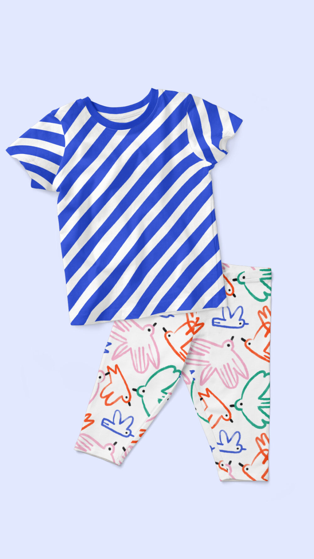 T-Shirt Streifen diagonal blau-weiß & Leggings Colorful Birds