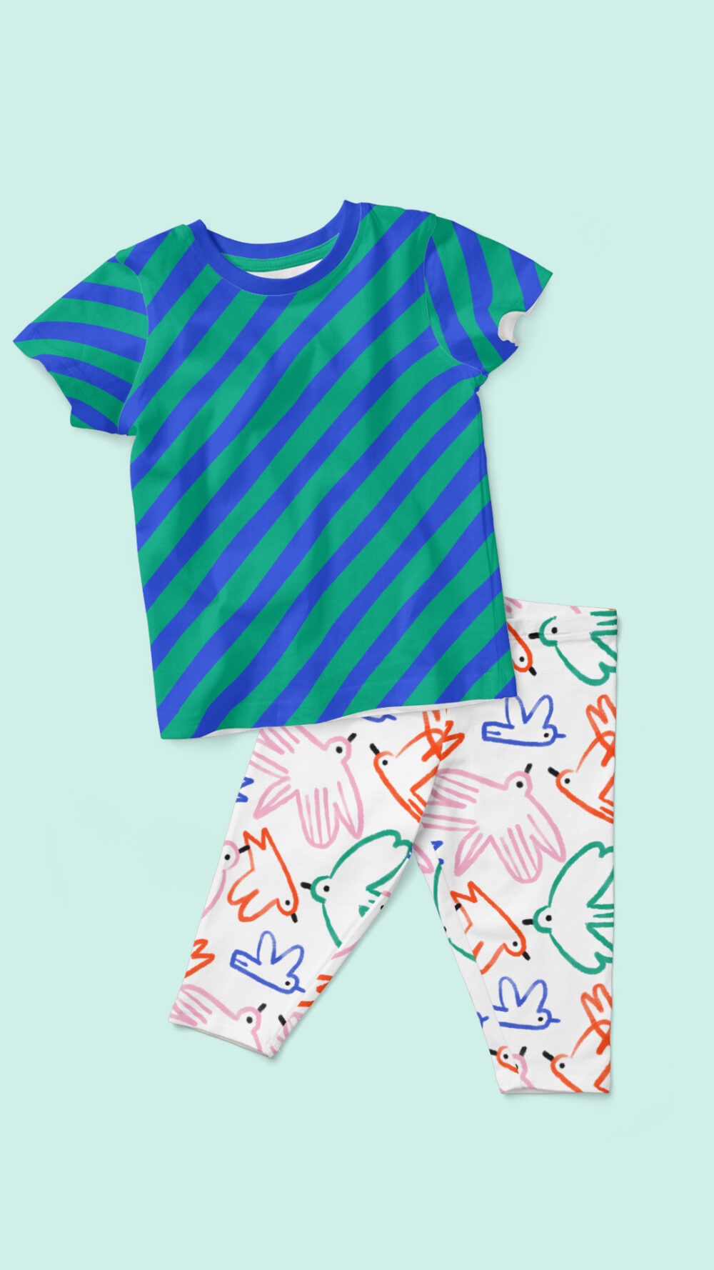 T-Shirt Streifen diagonal grün-blau & Leggings Colorful Birds